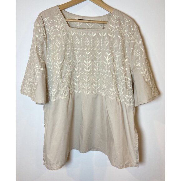 Gundrun Sjoden Shirt Blouse Tan Cream Embroidery Organic Cotton Bell Sleeve XL - Picture 1 of 5